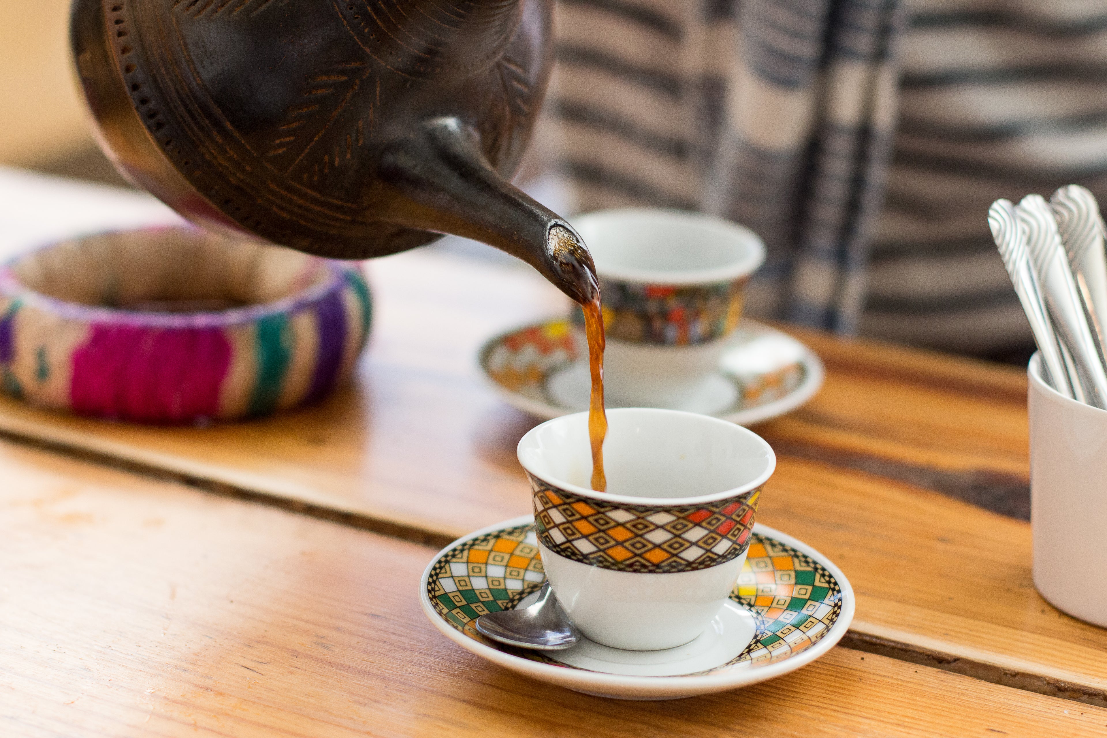 Coffee brewed with Ethiopian jebena.